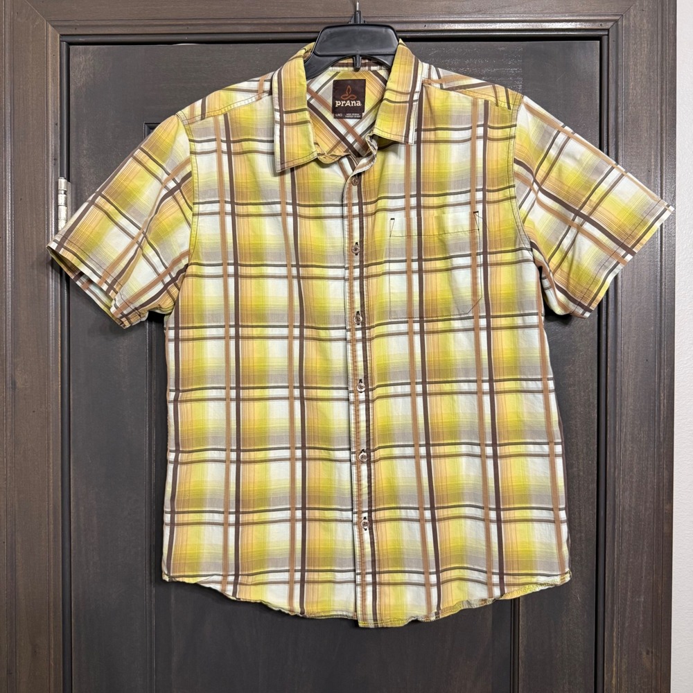 Prana Mens Large Short Sleeve Plaid Button Down Shirt Yellow Brown Outdoors L